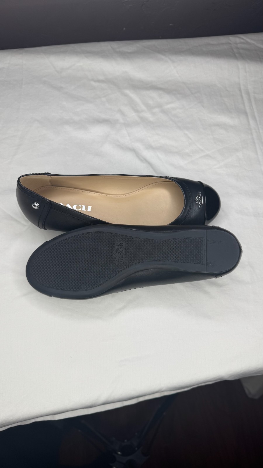 Coach Chelsea Ballet Flats Black Matte Calf Patent Cap Toe Leather Women’s Size