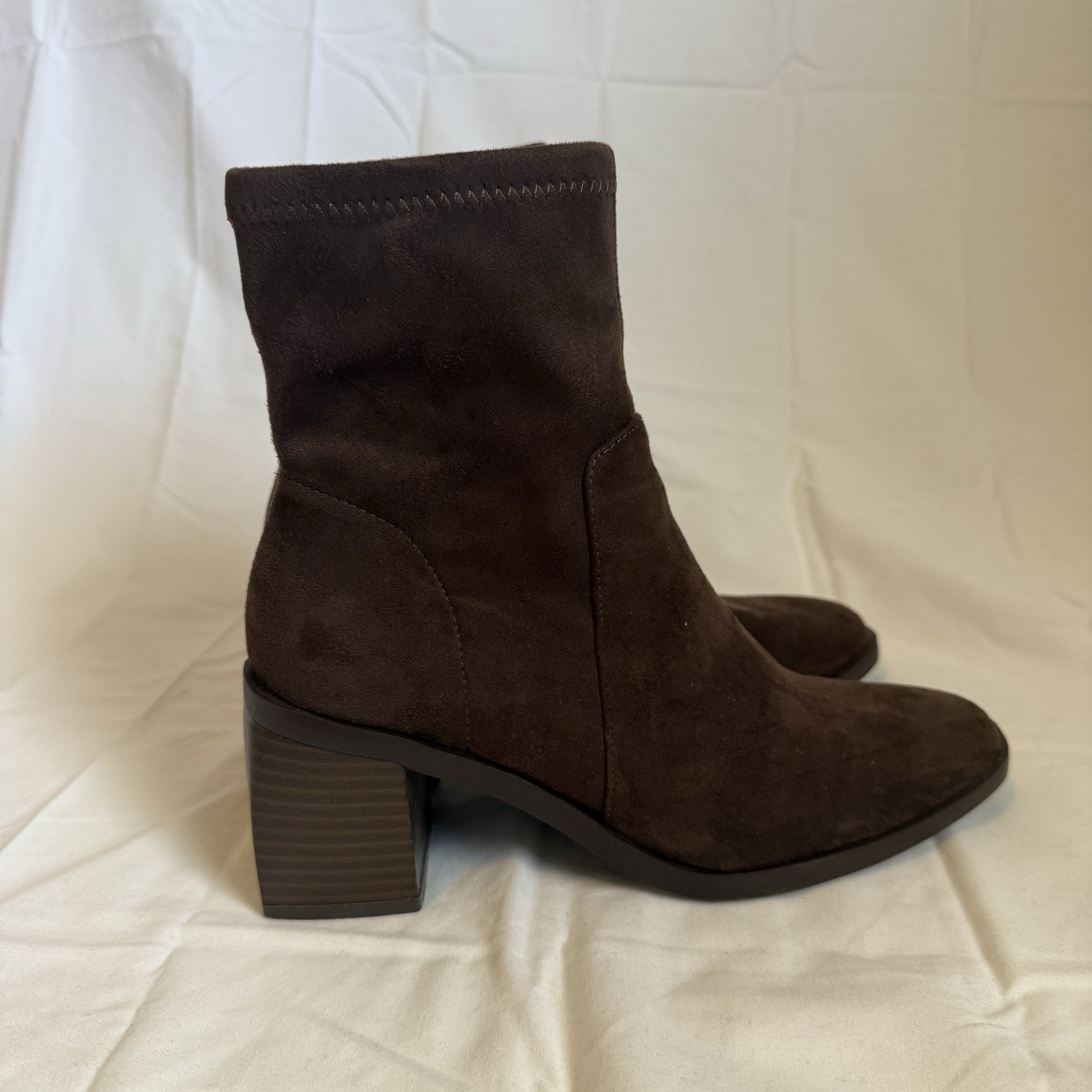 Size 7 Mid Calf Zip Dark Brown Faux Suede Block Heel Boots Minimalist Capsule