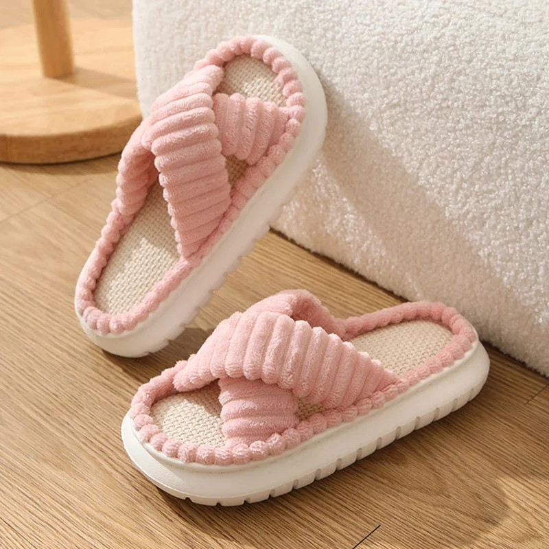 Pink Corduroy Cross Strap Home Slippers Women Winter 2025 Breathable Thick Sole