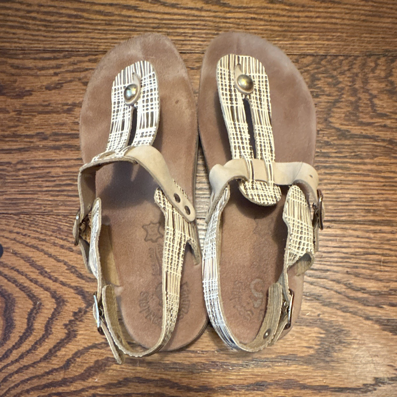 FANTASY Leather Thong Flat Buckle Sandals Beige/Brown US 8 EU 38 Made in Greece