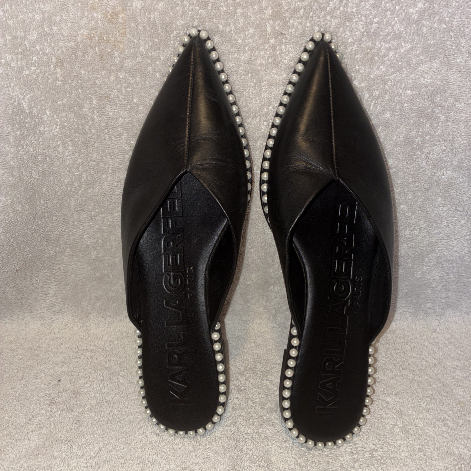 Karl Lagerfeld Paris Vyra Black Leather Faux Pearl Studded Mules Flats Sz 9.5M