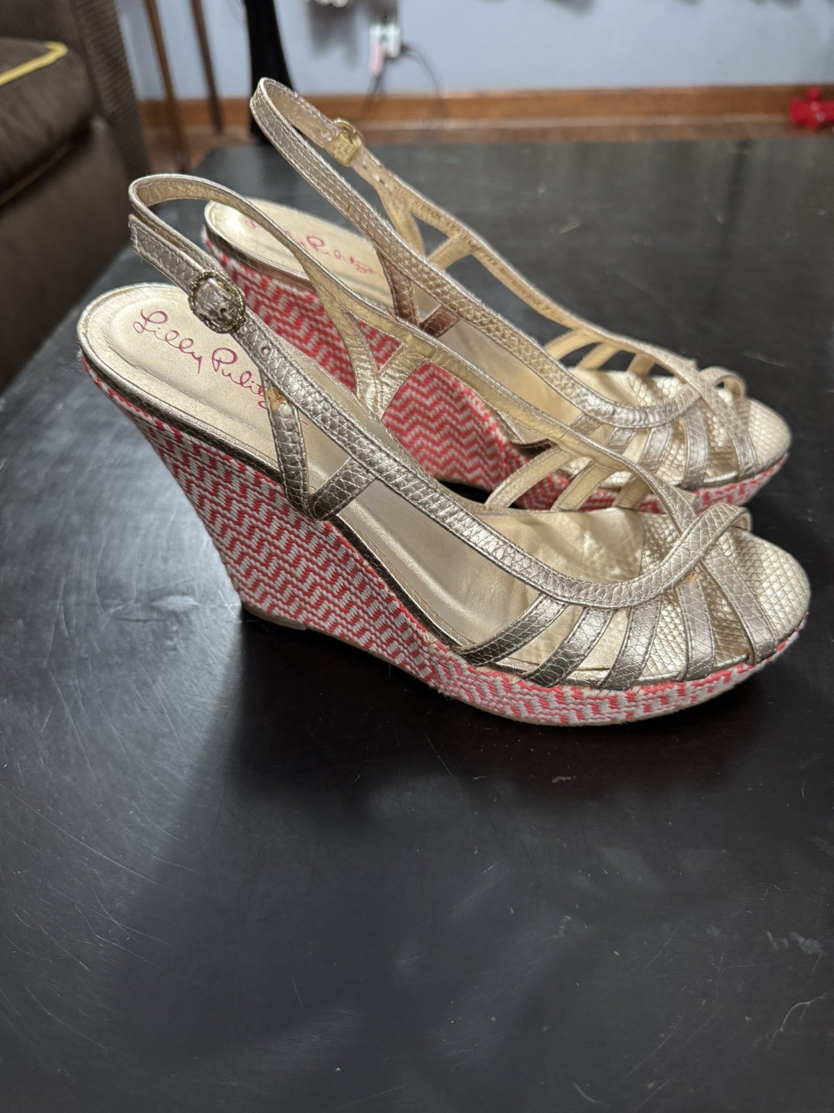 Lilly Pulitzer Sophie Gold Metallic Leather Raffia Wedge Platform Sandals 7.5