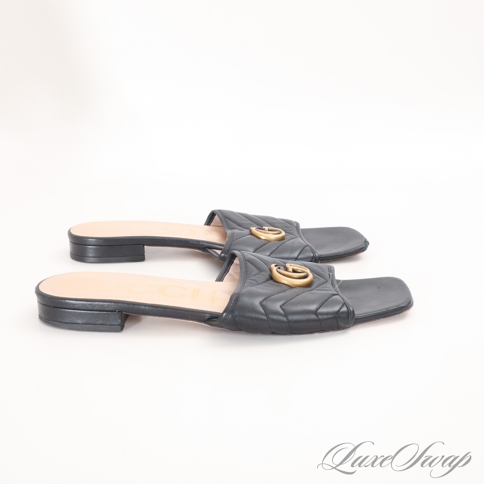 Gucci Made in Italy 646169 Double Decorated Marmont G Leather Flat Sandals 41