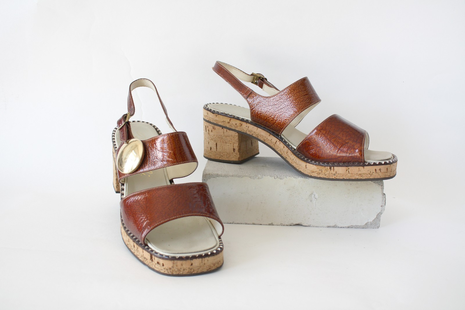 1960s Brown Open Toe Shoes with Gold Accents Block Heel and Cork Sole