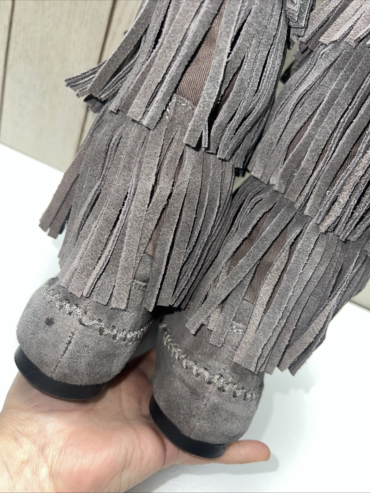LC Lauren Conrad Thia 3-Tier Fringe Slip On Flat Festival BoHo Moccasin Boot 6 M
