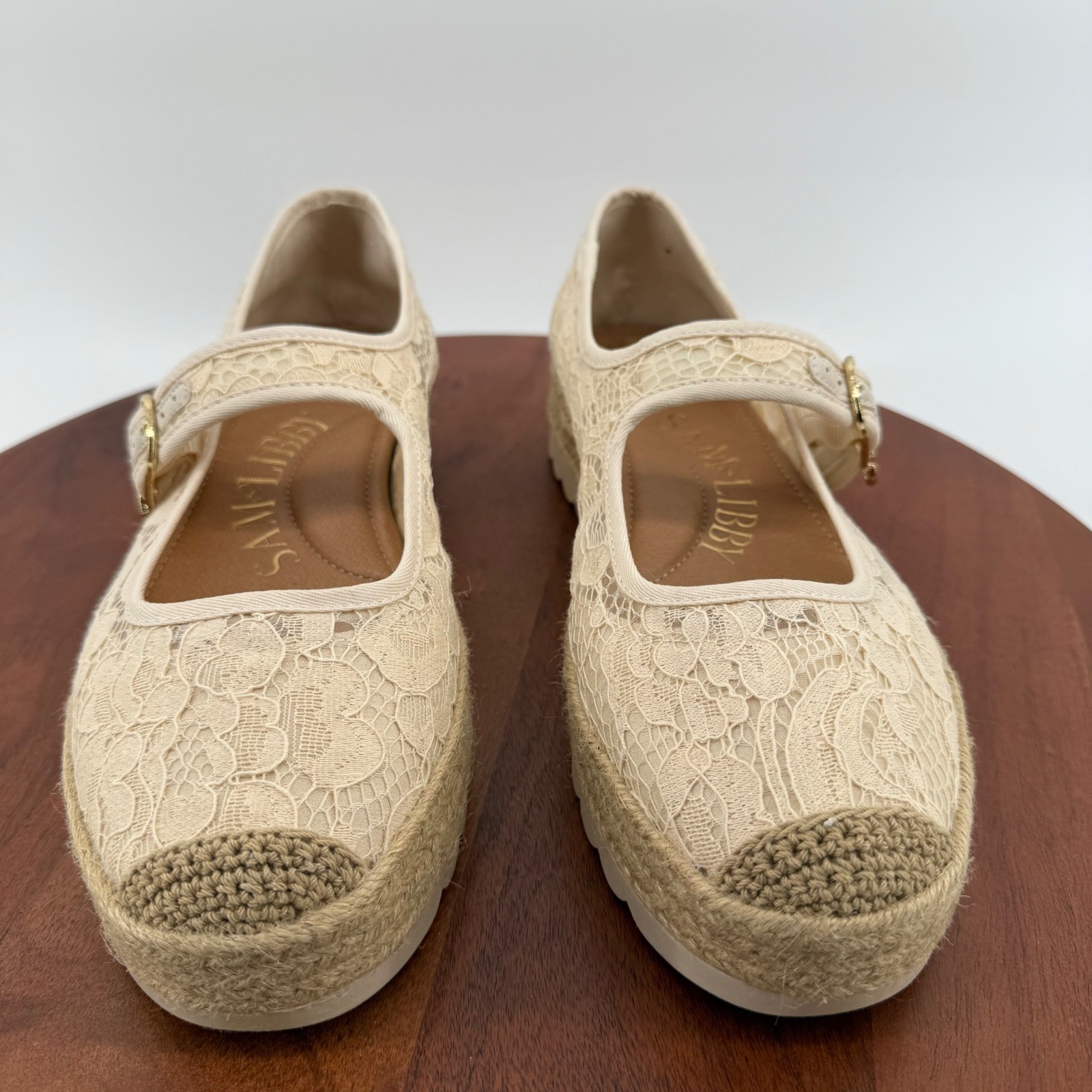 Sam & Libby Mary Jane Espadrille Women Beige Floral Lace Platform Shoes 10
