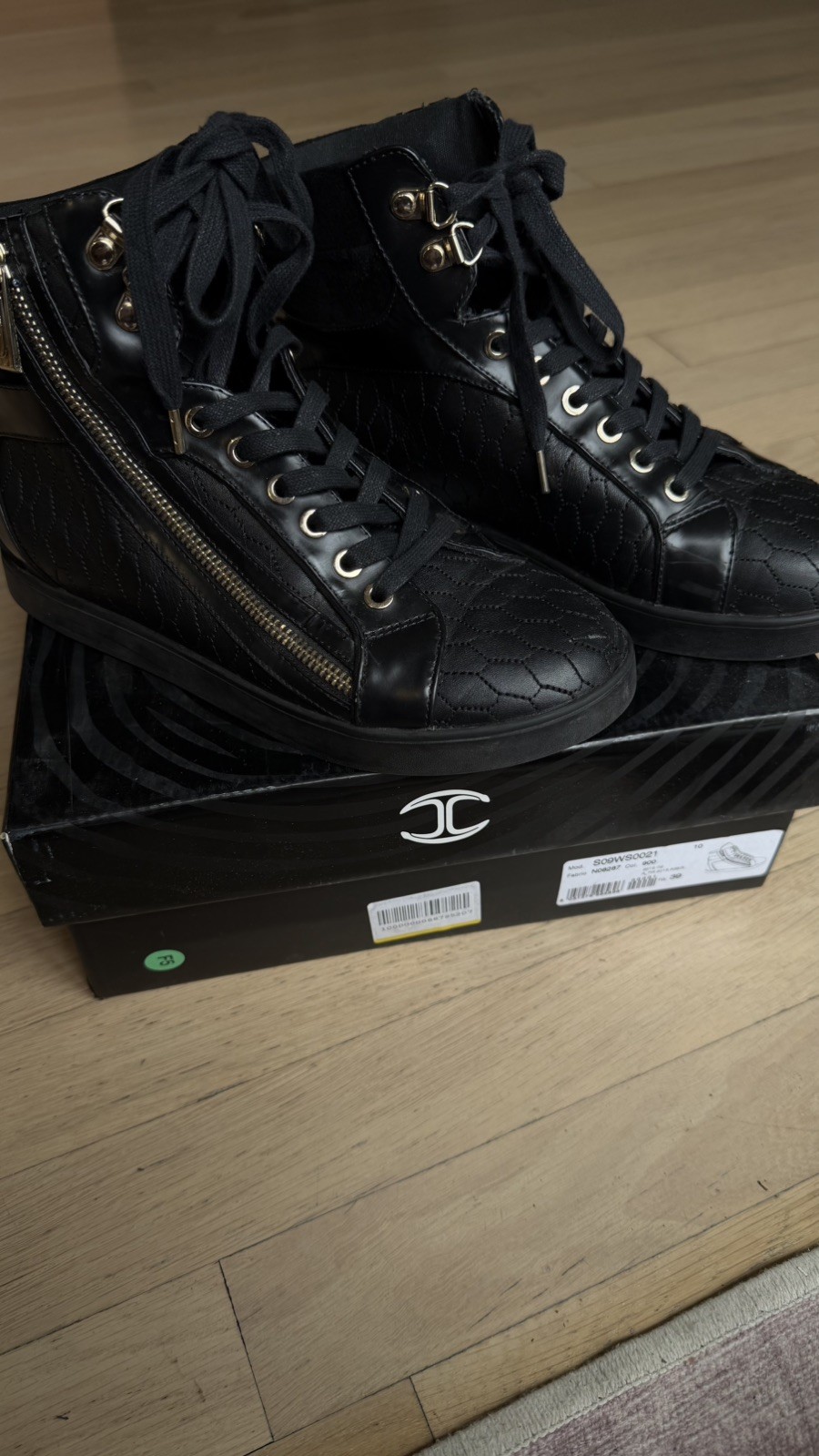 JUST CAVALLI Hive Leather High Top Sneakers Size 39 Made In Italy Black