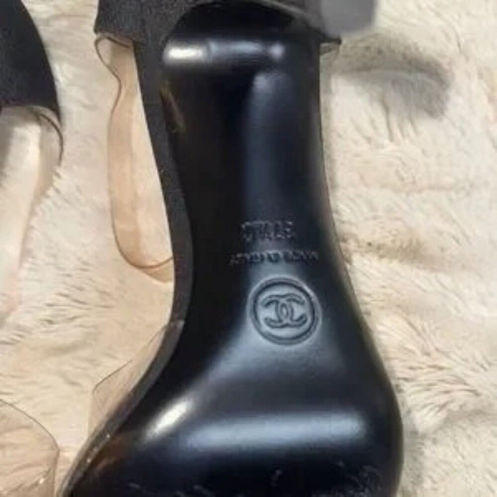 CHANEL Black & Transparent Ankle Strap Heels Size 37.5/ US 7 Made In Italy