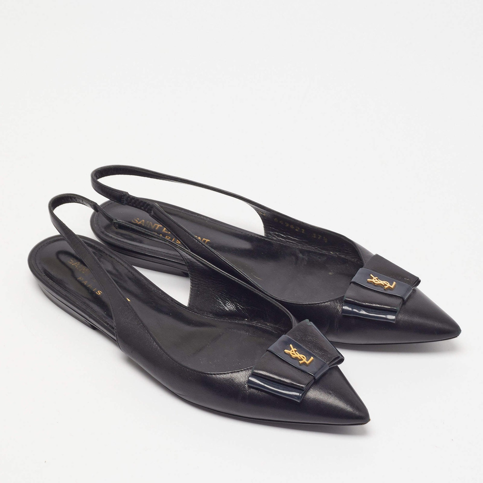 Saint Laurent Anais Size 37.5 Black Leather Bow Slingback Flats
