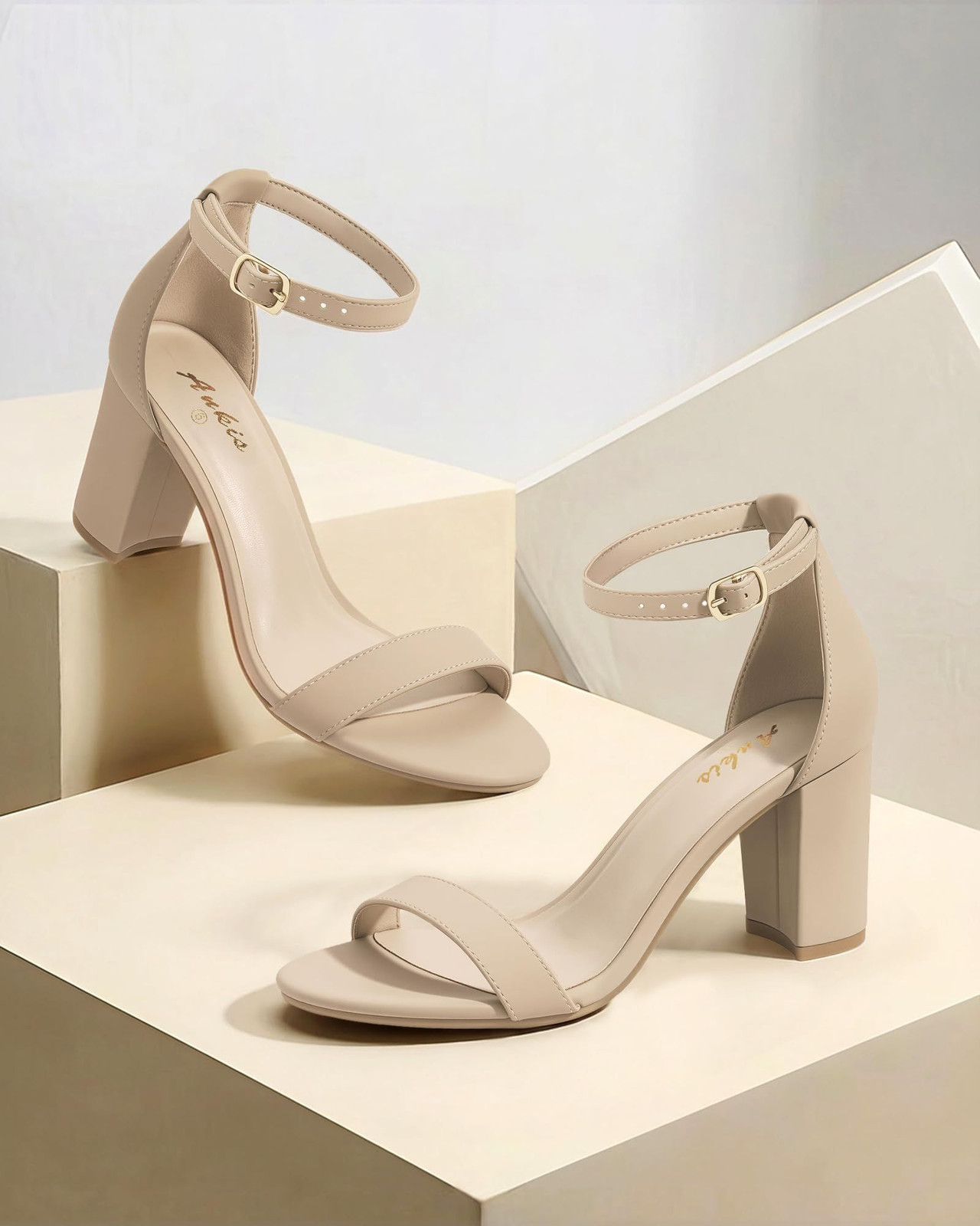 Ankis Nude Heels for Women – Open Toe Ankle Strap Chunky Heel 5, Nubuck