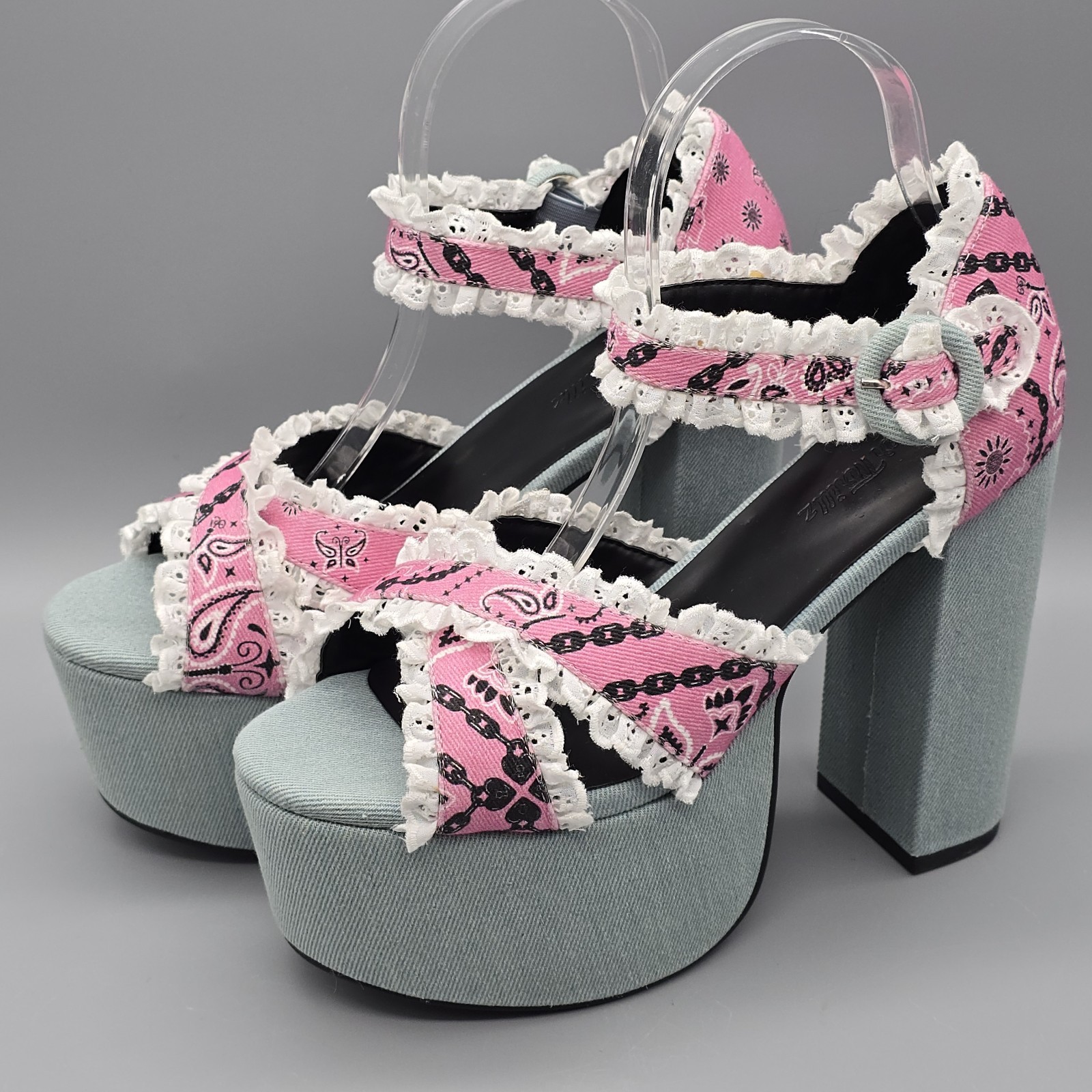 Dolls Kill Denim Pink Bandana Eyelet Platform Heels by Sugar Thrillz Size 9 M