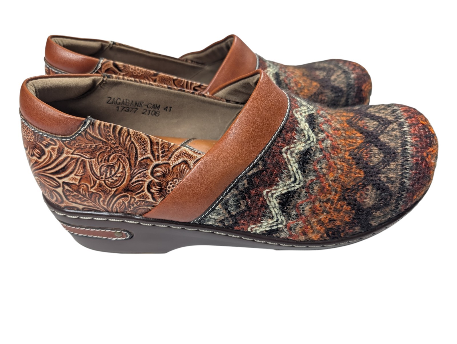 Spring Step L’Artiste Zagabank Clogs Sz 41 Woven Textile Embossed Floral Leather