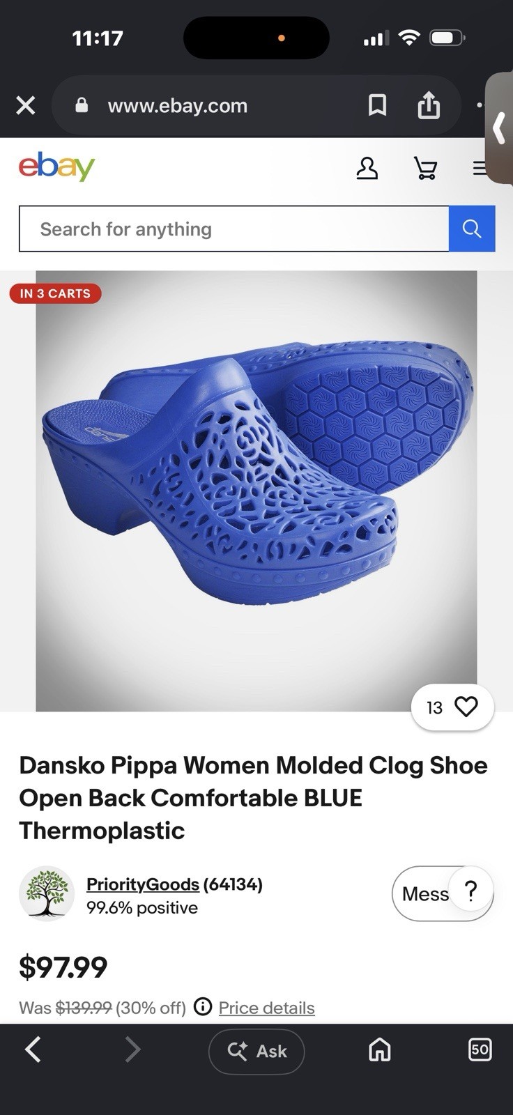 Dansko Pippa Blue Molded Rubber Laser Cut Comfort Mule Clog EU 42 See Photos