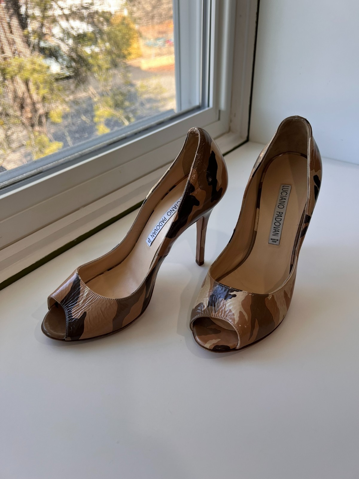 Luciano Padovan Beige, Brown, Cream Camouflage Leather Peep Toe Italian Heels 37