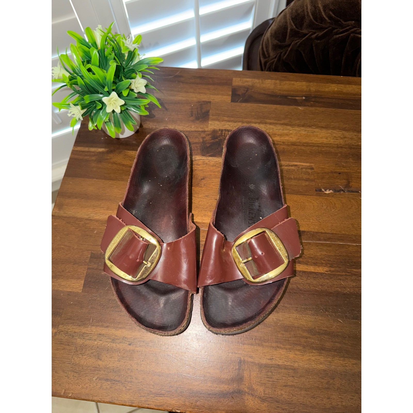 Birkenstock Madrid Big Buckle Cognac Leather Slides Gold Buckle Sandals 39