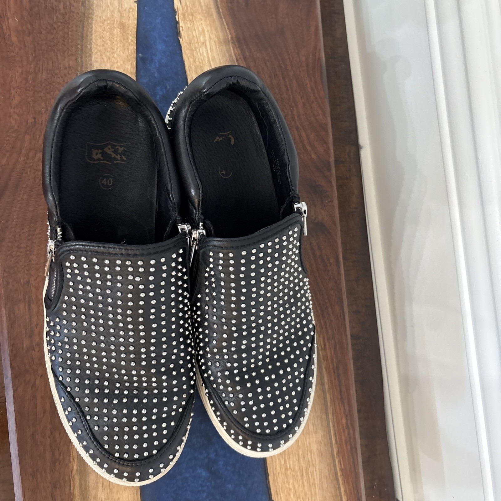 Ash IMAN Studded Sneaker Double Zip Black Leather/White/Silver Size 40 US 9.5-10