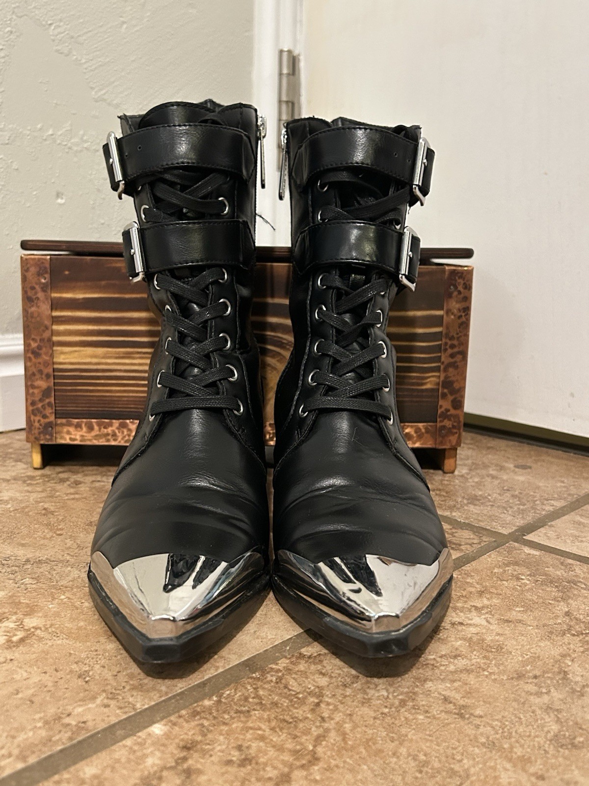 KILLSTAR Women’s US 8 Black Faux Leather Mid-Calf Combat Boots Buckle Cap Toe