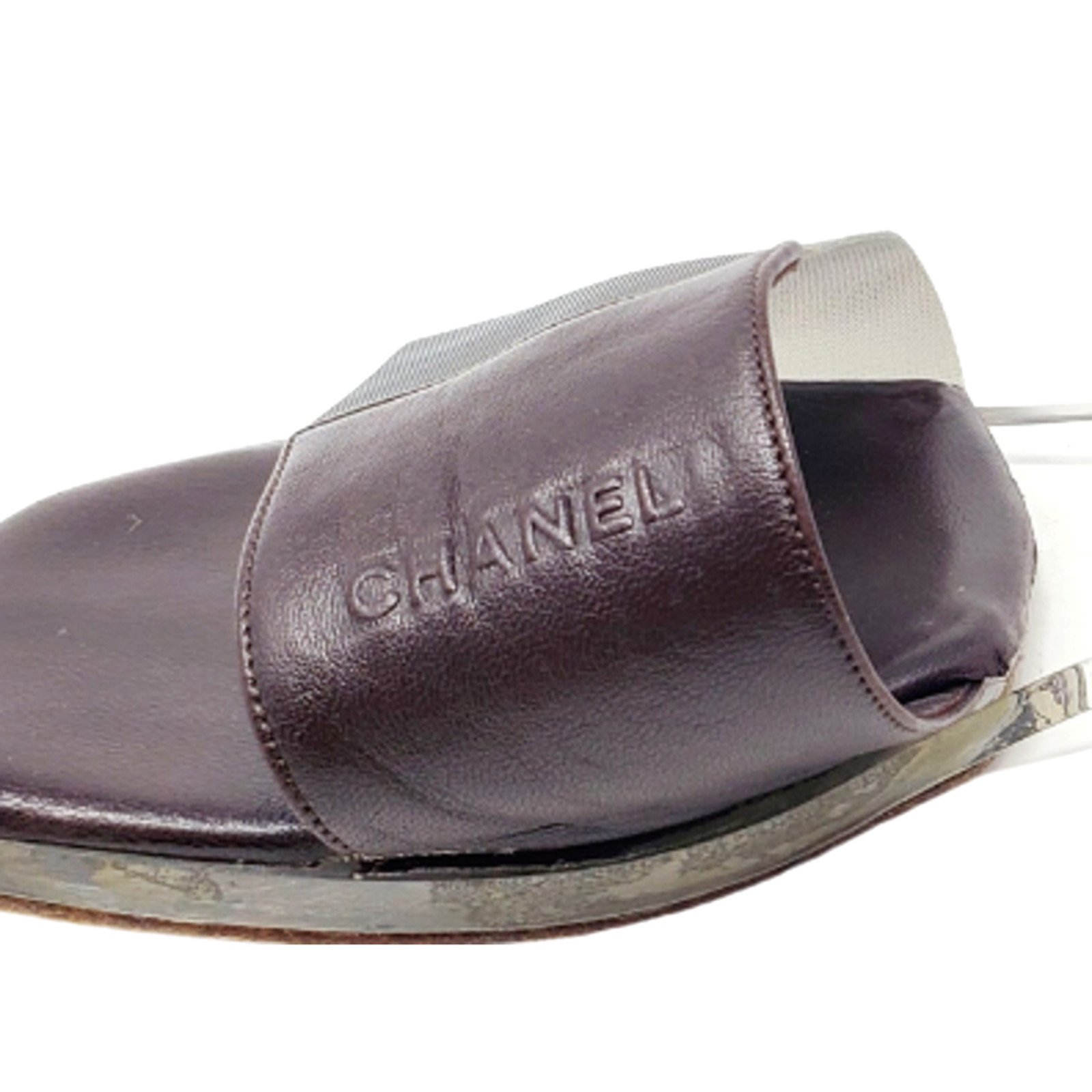 Chanel Sandals Brown Leather Flat Slides LOGO Clear Block PVC Mules EU 36.5