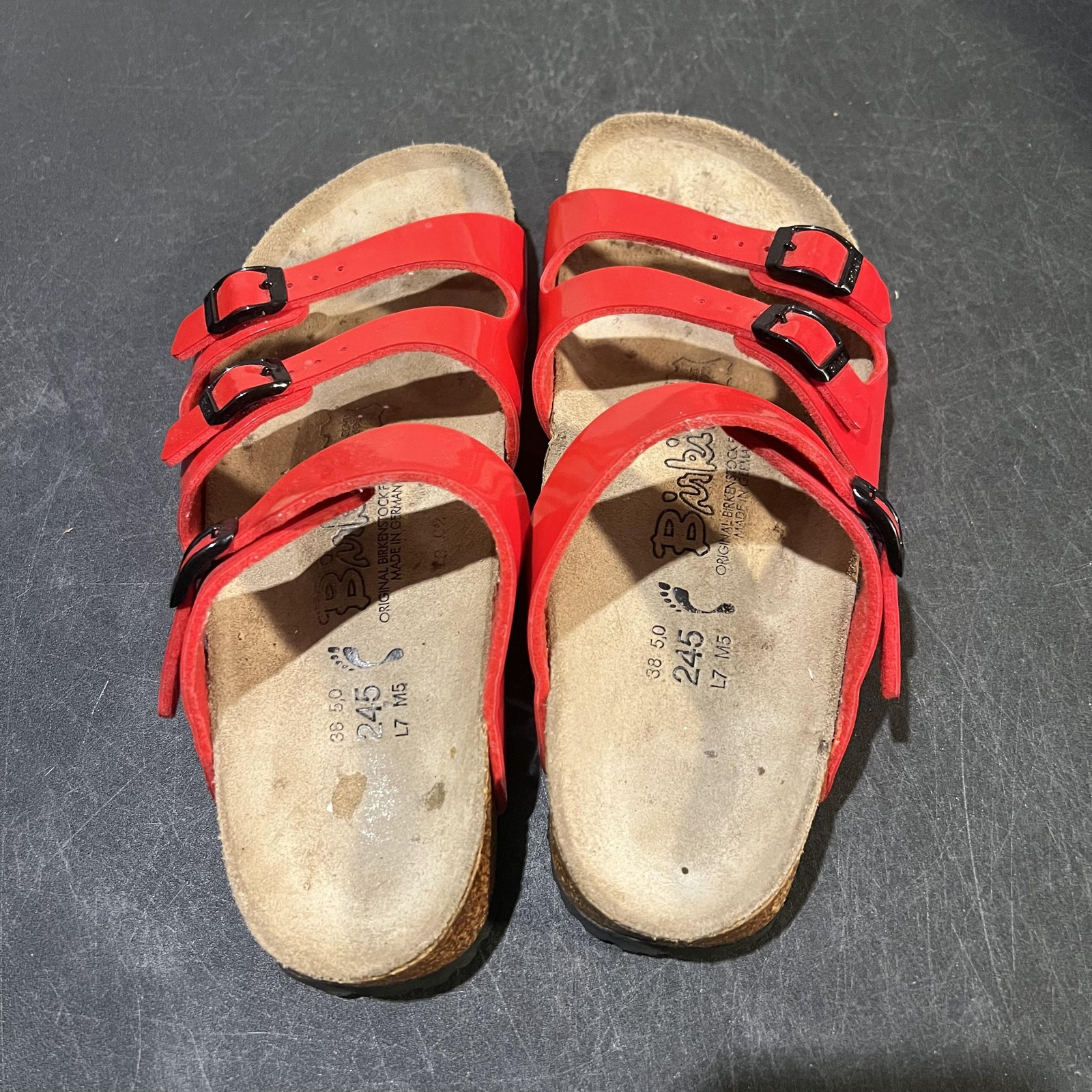 Birkenstock Florida Sandals Womens 7 Red Triple Strap Cork Comfort Slide Germany