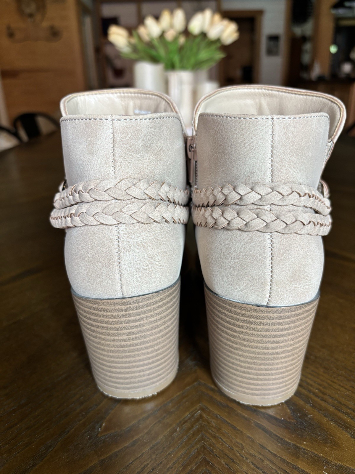 Sugar Sandlot Braided Strap Ankle Booties Women’s 8 Nude Beige Block Heel NIB