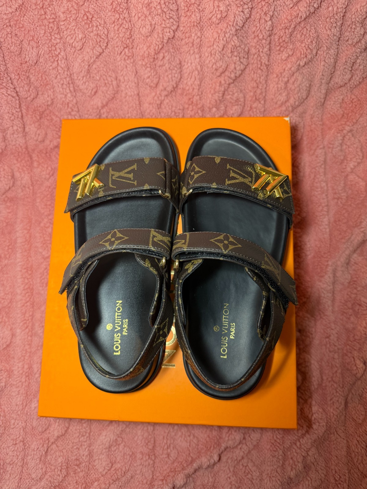 Louis Vuitton Monogram Leather Slide Sandals Buckle Straps Brown/Black 9