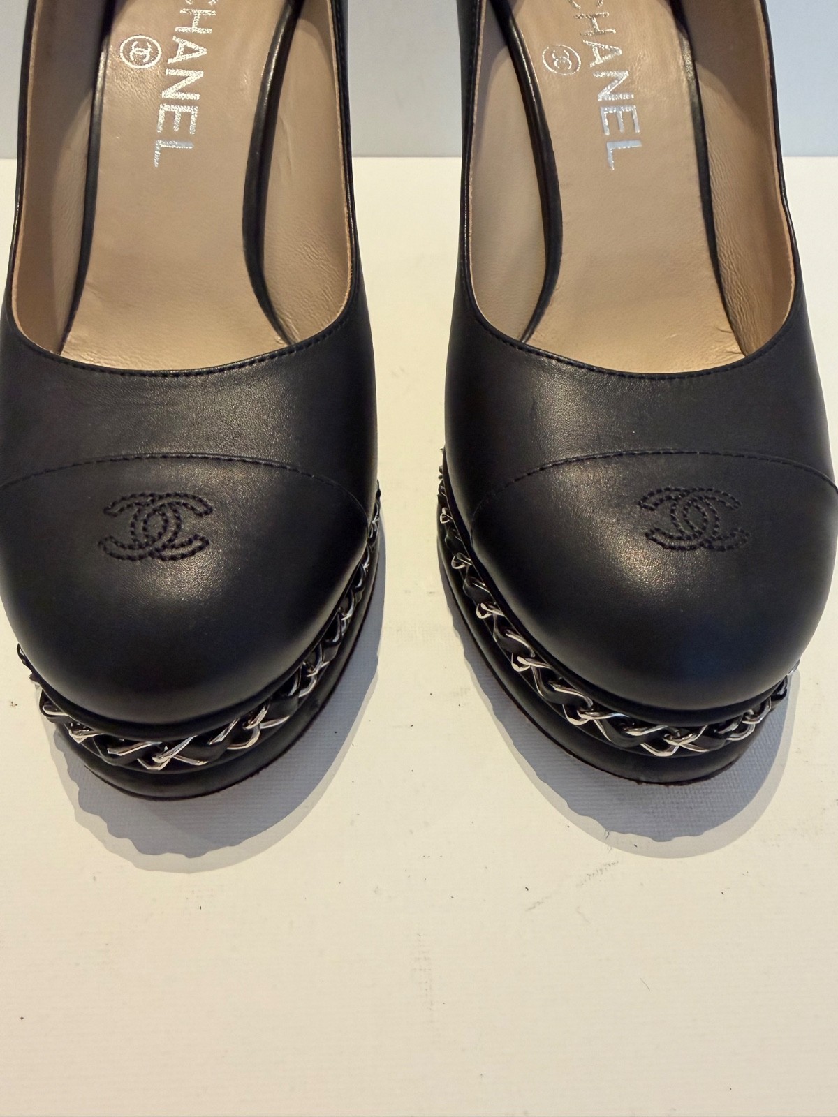 CHANEL Black Cap Toe Leather Pump Heels CC Logo Slip-On Women 7.5