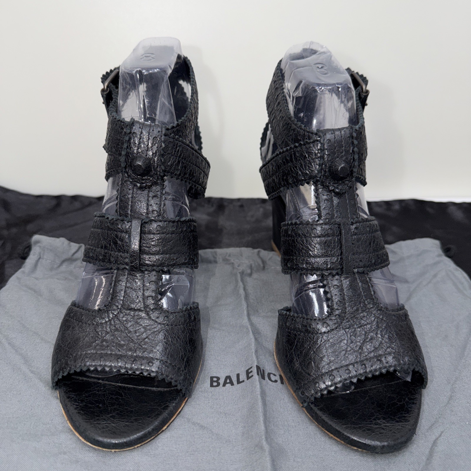 Balenciaga 39.5 Sandals Wedge Gladiator Caged Ankle Booties Covered Studs Poms