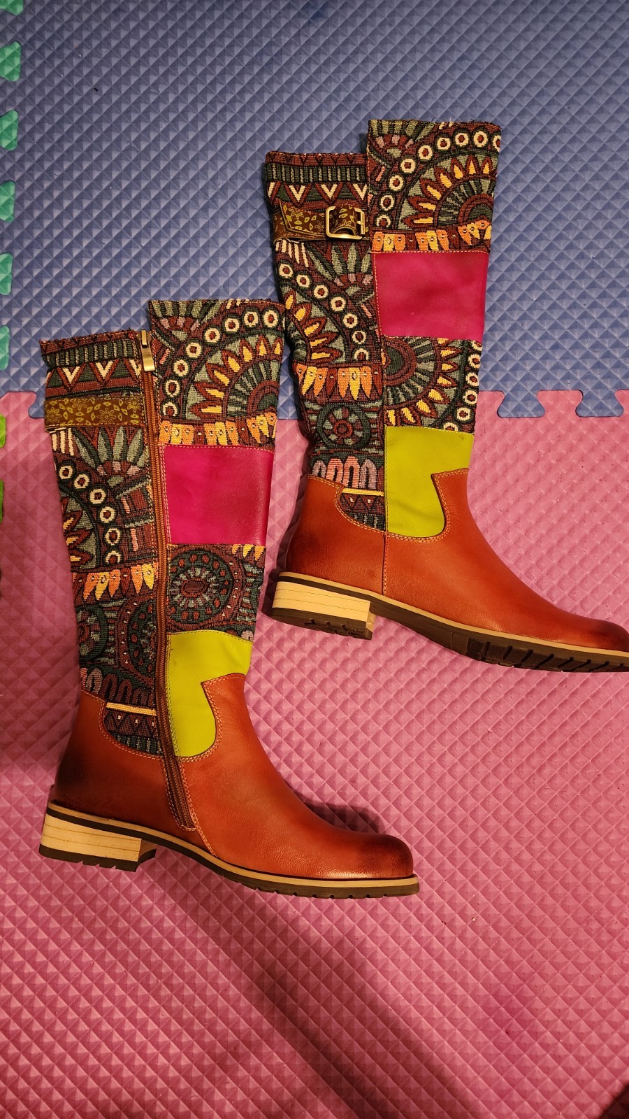 SOCOFY Leather Embroidered Patchwork Bohemian Riding Boots Women’s Size 37