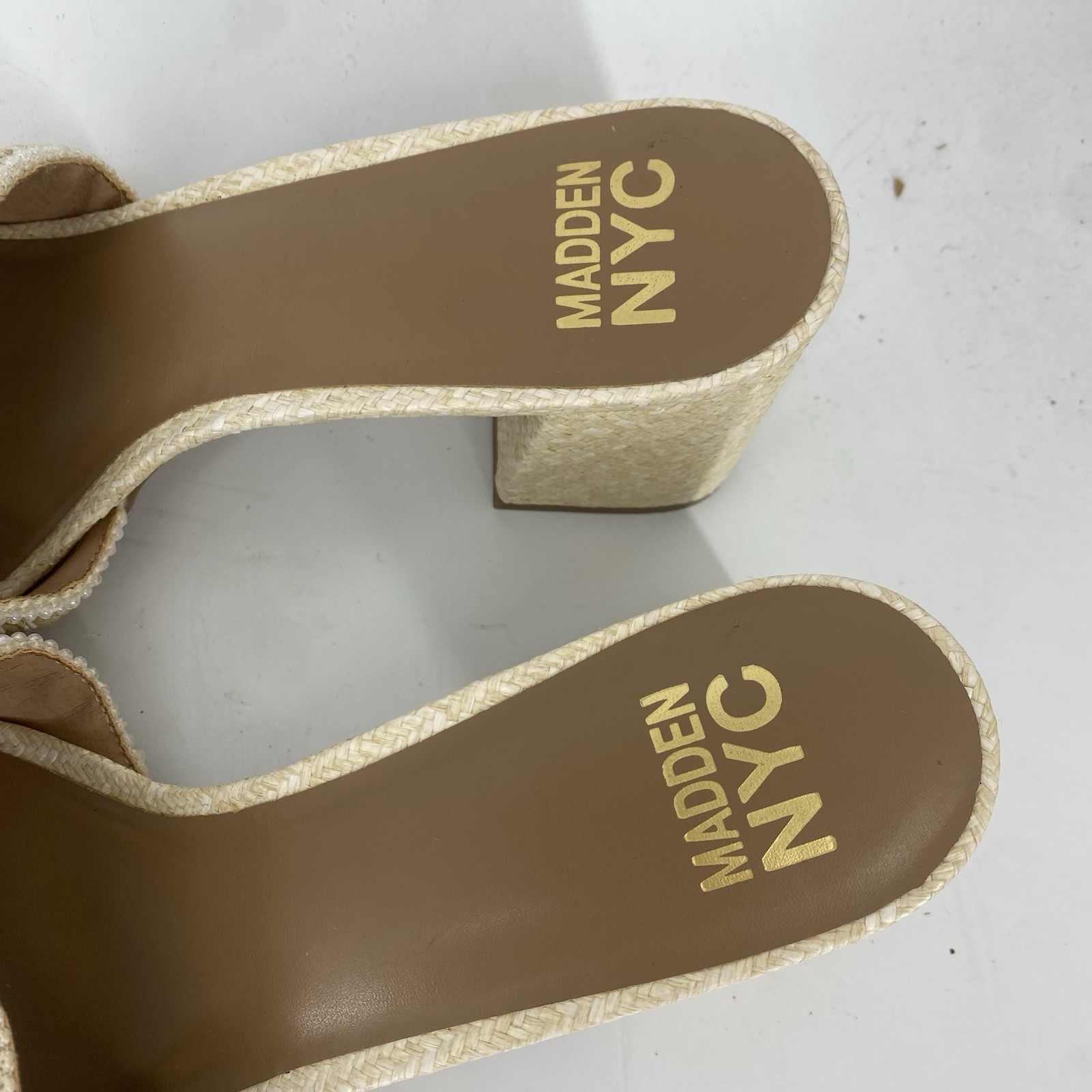 Madden NYC Tan Beaded Woven Block Heel Slides Size 11 NWOB Women’s Shoes
