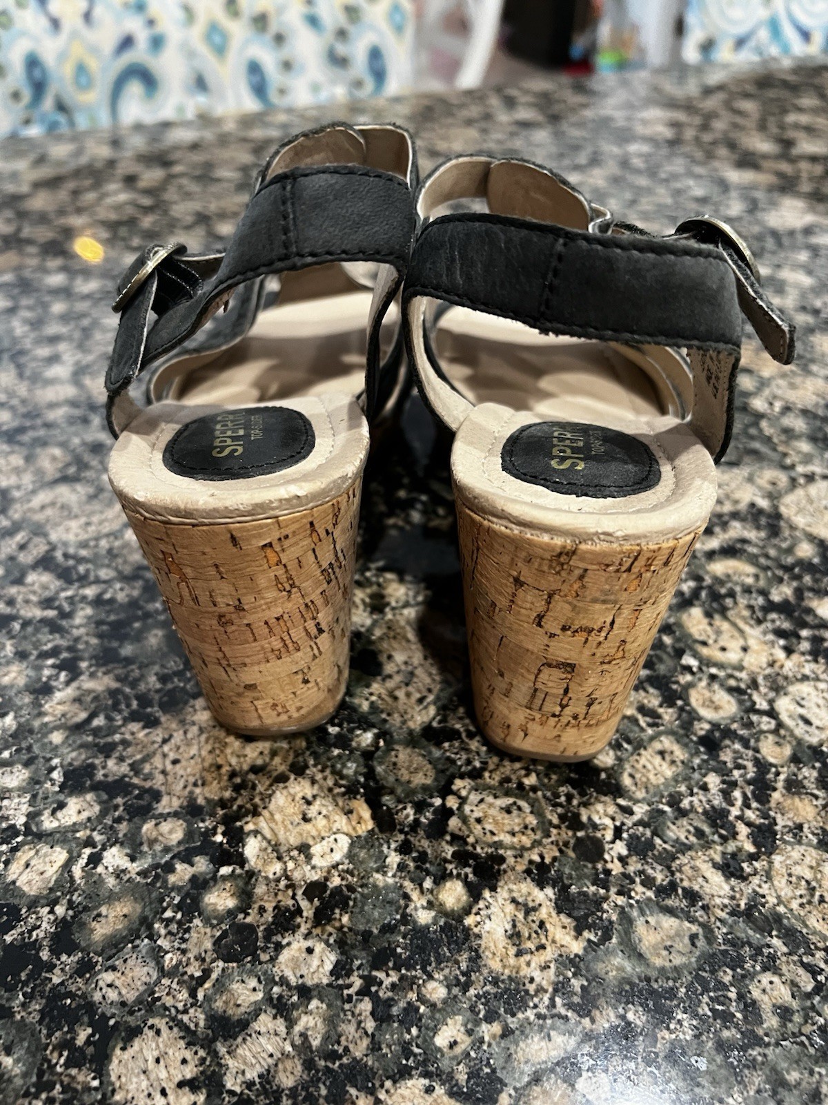 Sperry Top-Sider Women’s Strappy Wedge Sandals Leather Buckle Black/Beige 8M