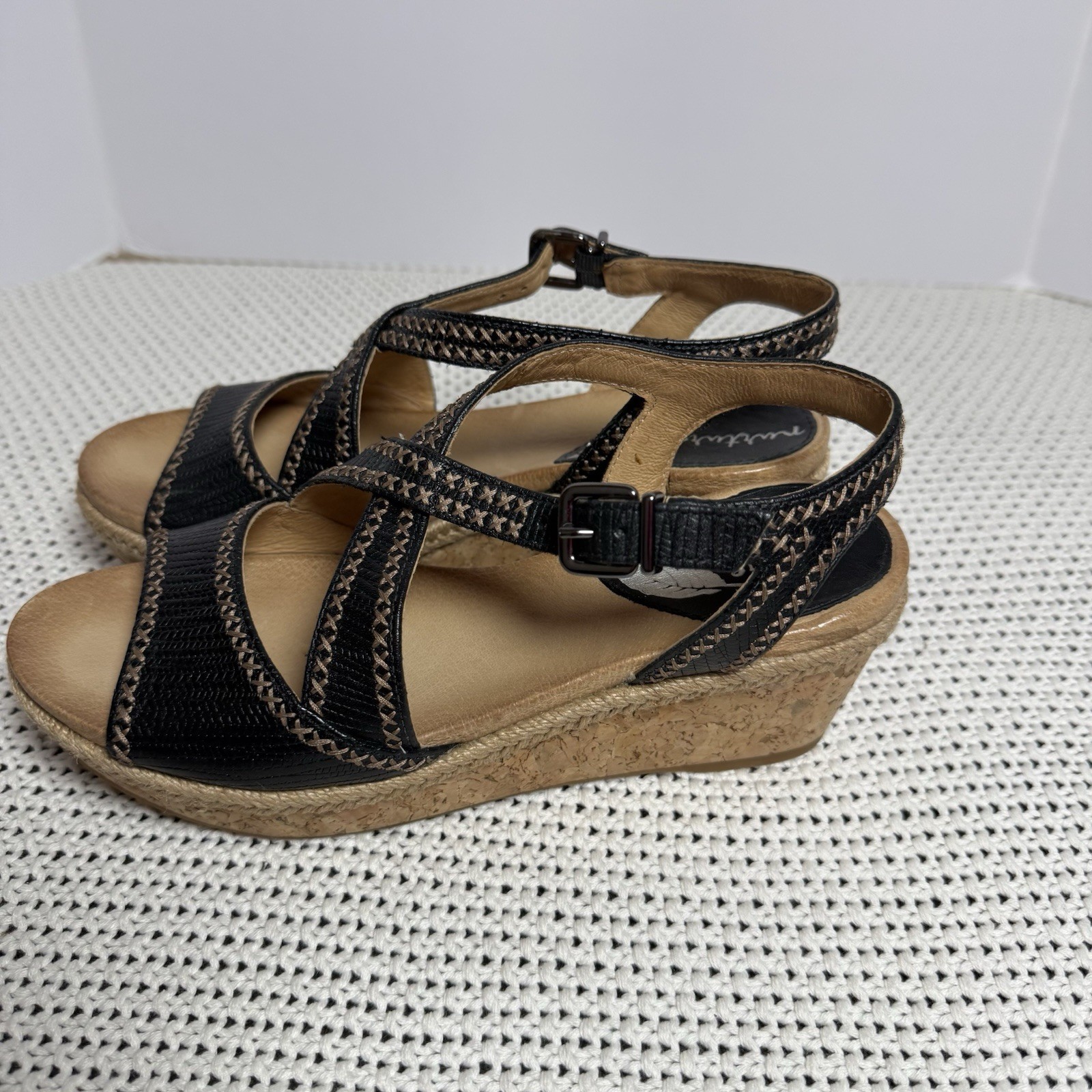 NURTURE Women 6.5 LILITHE Cork Wedge Sandals Heel Black Leather Stitch Platform