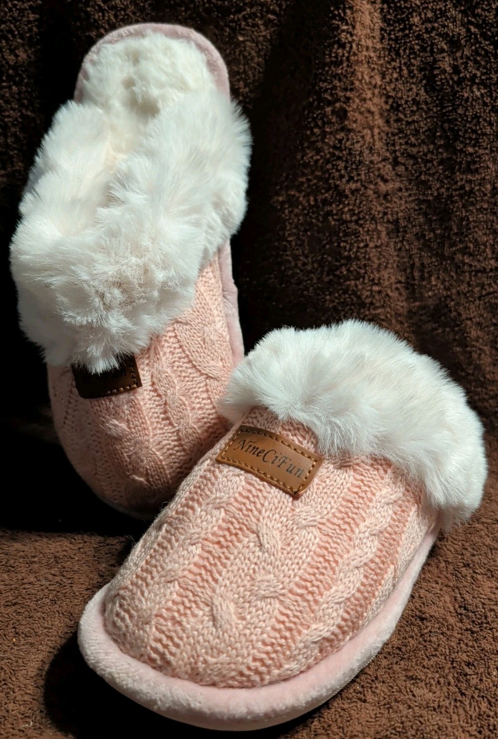 New NineCiFun pink cable knit faux fur slippers EU 36-37 US 6-6.5