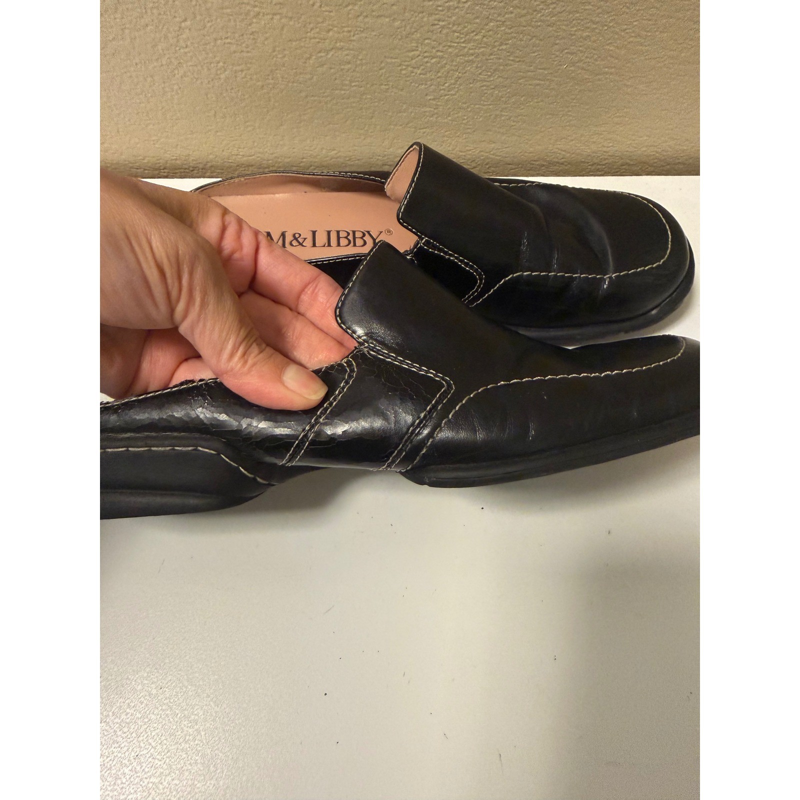Sam & Libby Laurel Black Leather Mules White Stitching Slip On Loafers Womens 8M