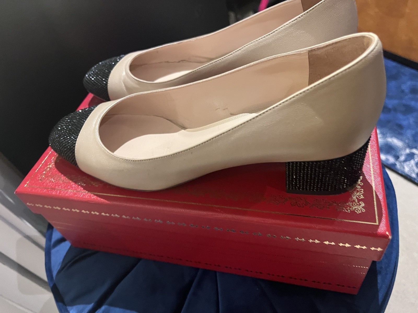 René Caovilla Bonnie Crystal Block Heel Pumps Leather Beige Black EU 38