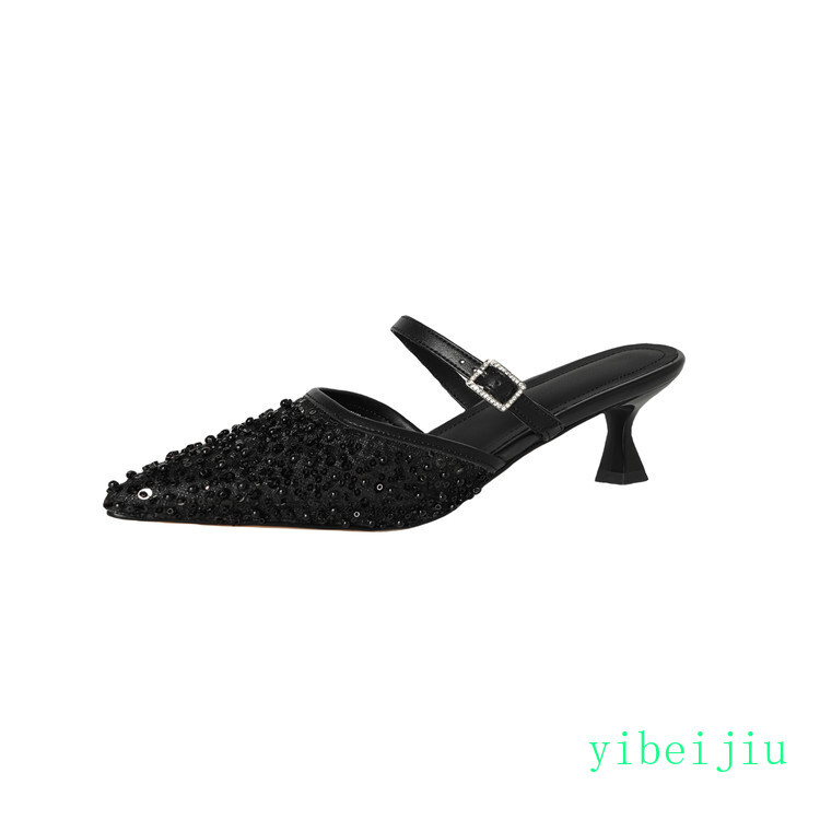Women’s Beaded Covered Sequins Mid Heel Mules Real Leather Sandals Dress Shoes