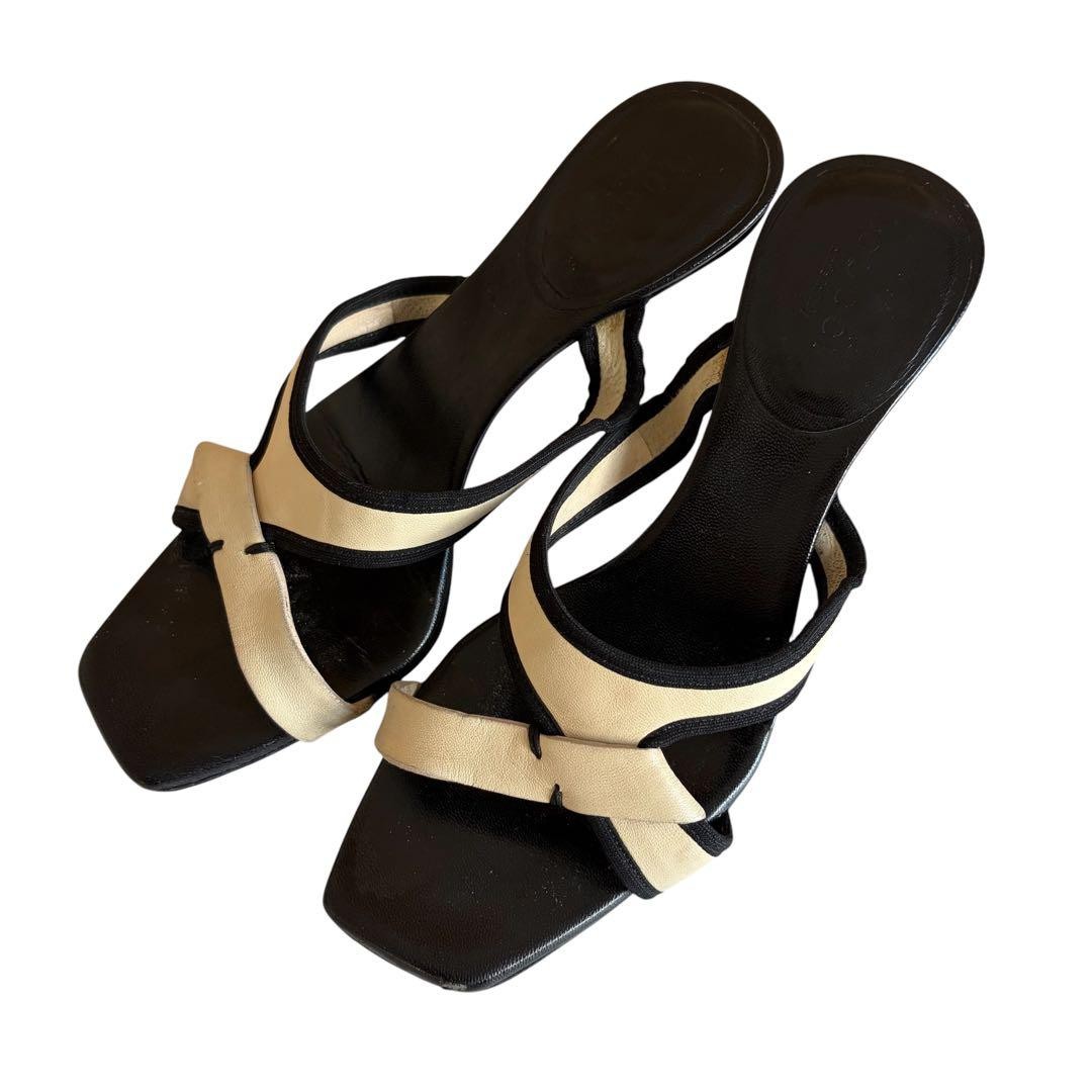 GUCCI Vintage Leather Mules Size 34C 21cm Black Beige Italy
