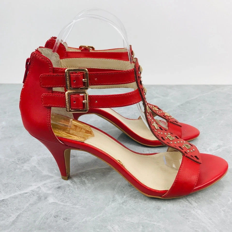 Vince Camuto Red Leather Studded T-Straps Buckle Heels Open toe Womens Size 8