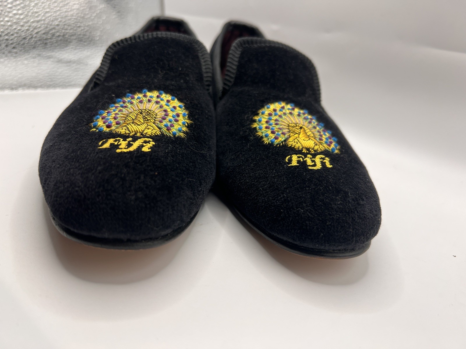 Crockett & Jones Black Embroidery Peacock Velvet Albert Slippers Women Sz 5.5/6