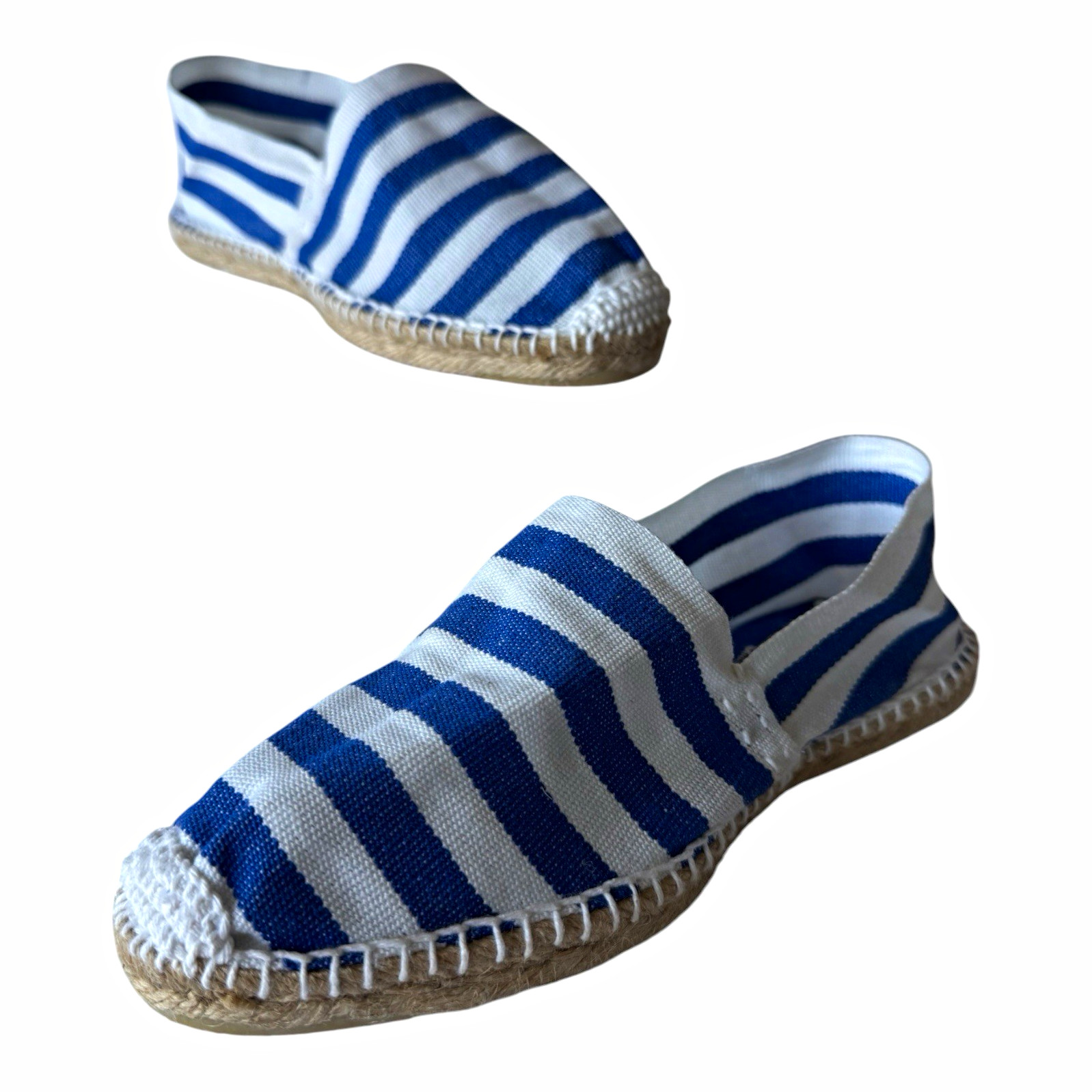 Cousu Main Blue/White Striped Canvas Espadrille Flats Slip-On Women’s US 7