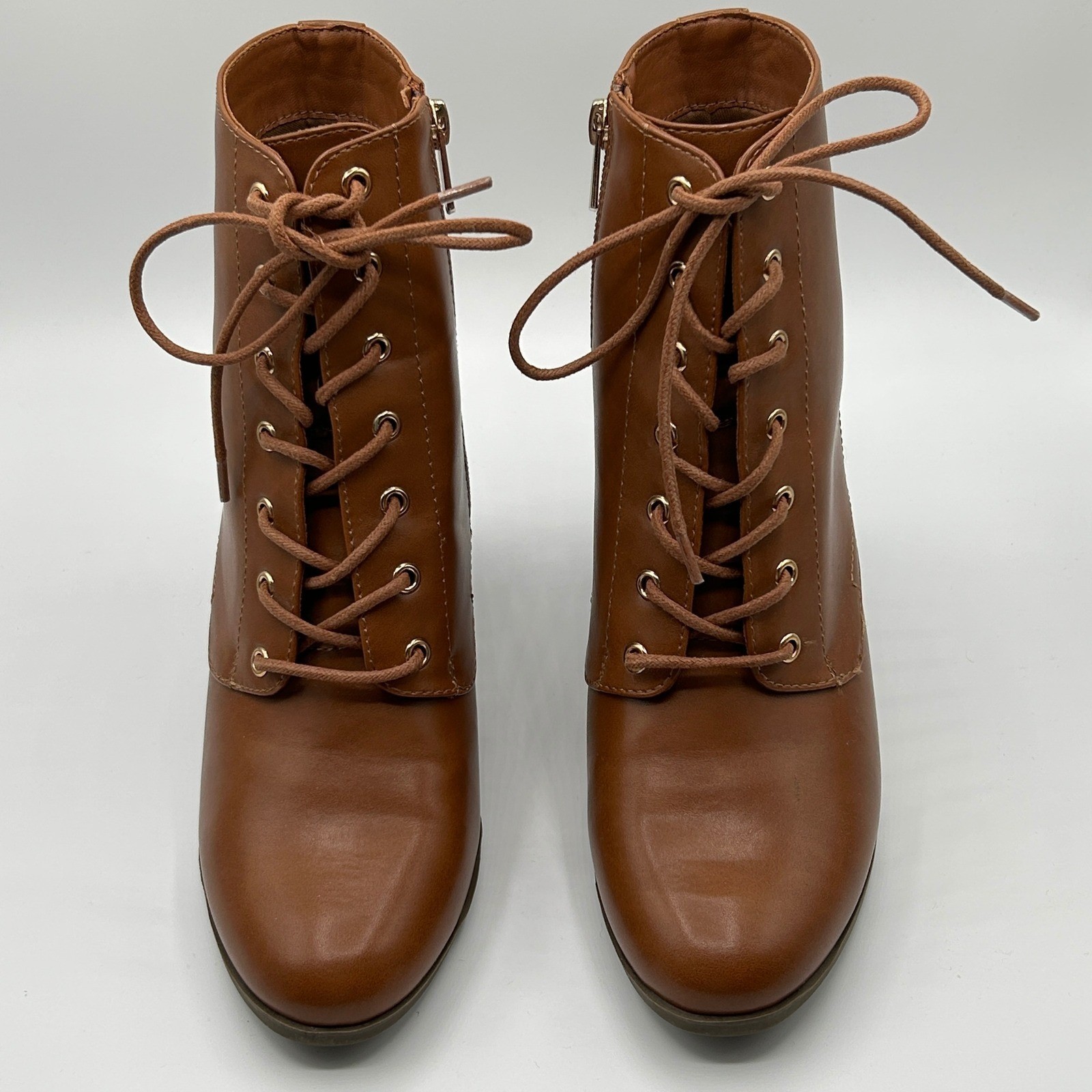 XAPPEAL Karen Lace Up Ankle Boots Block Heel Brown Faux Leather 8.5M Fall