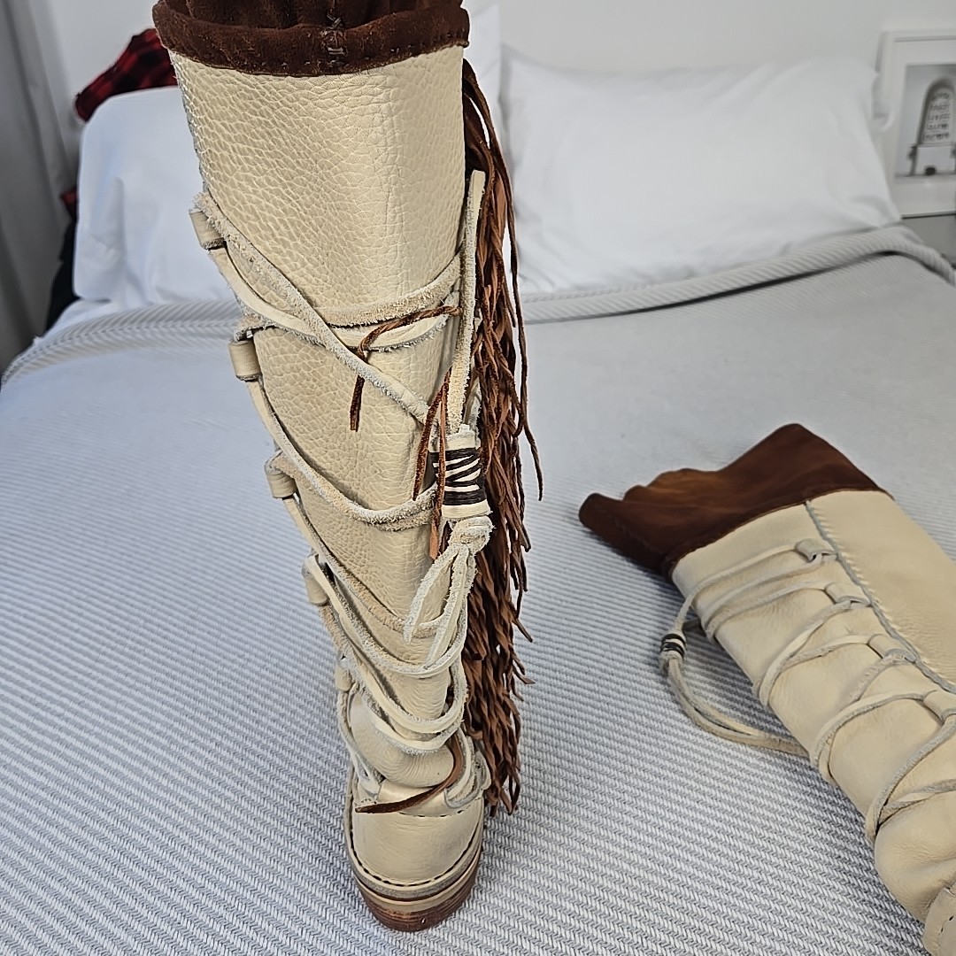 VTG 70s Hand Made Fringed Leather Western Boots Over Knee Concho Womens 9 USA