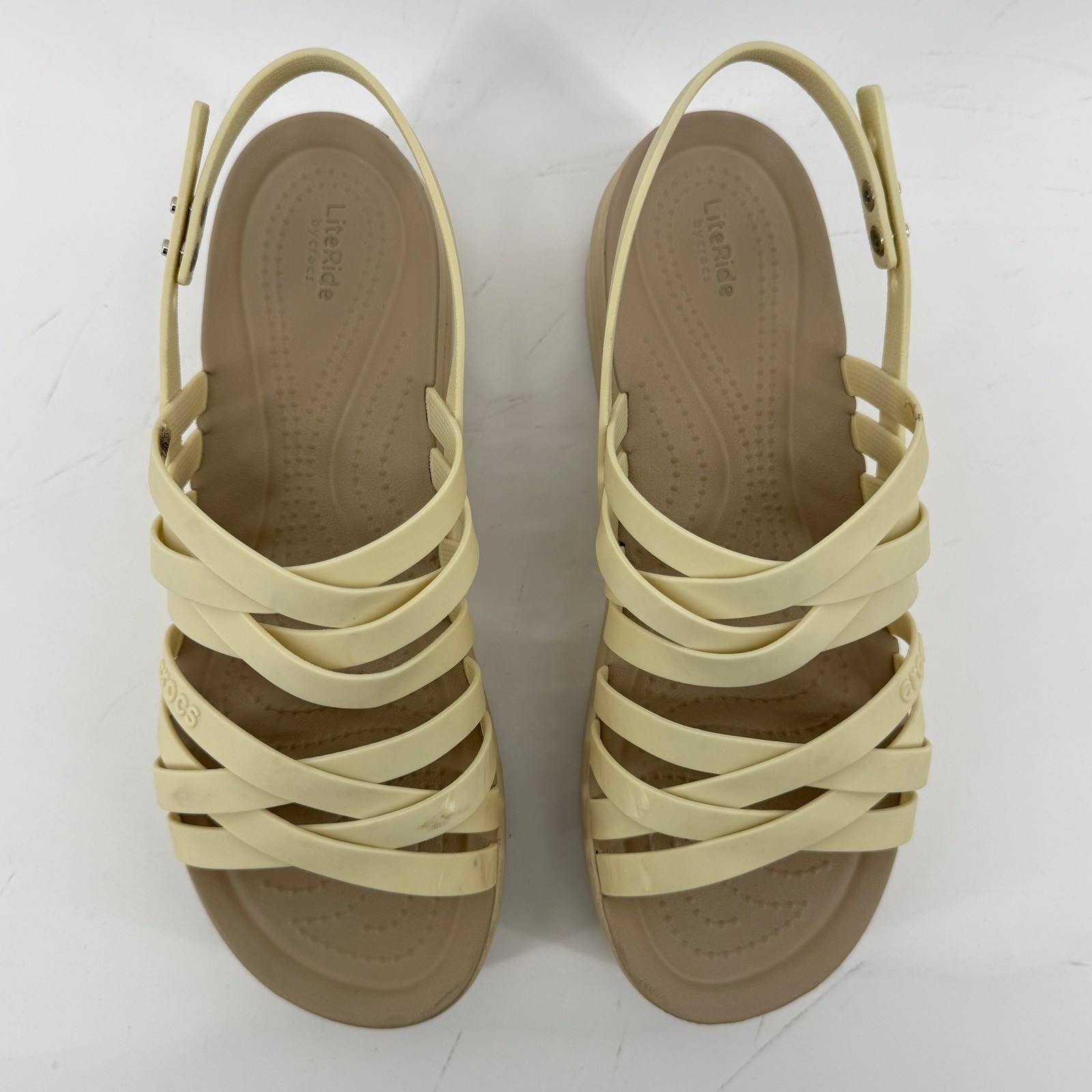 Crocs Brooklyn Strappy Low Wedge Sandal Bone Cream Women 9 Comfort LiteRide Y2K