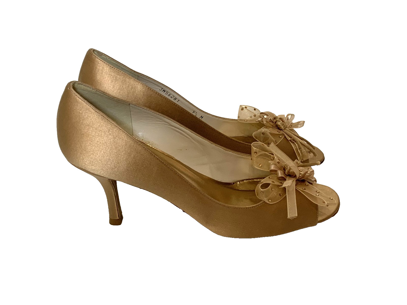 Stuart Weitzman Open Toe Gold Satin Pump With Bow and Rhinestones Size 9.5