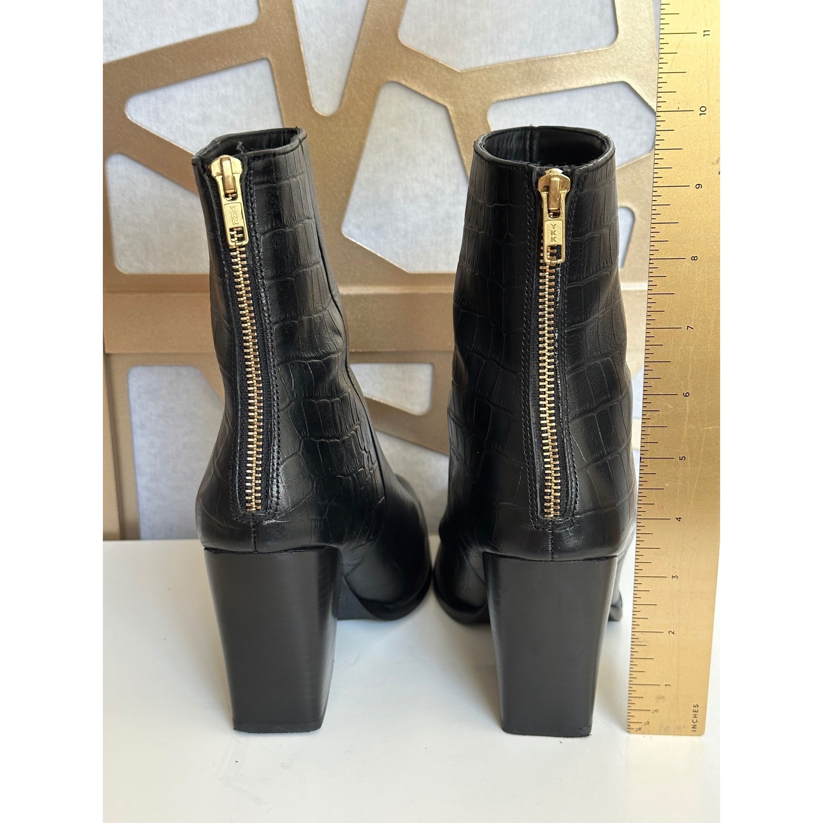 Seychelles Black Croc Embossed Leather Square Toe Block Heel Ankle Boots 8.5
