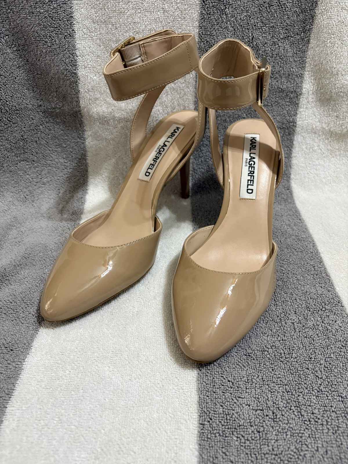 Karl Lagerfield Ladies Size 6.5 M Taupe Patent Leather Heels