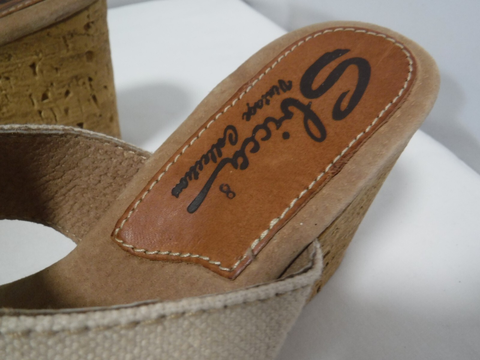 PF2 SBICCA Vintage Collection Cork Platform Beige Canvas Wedge Heel Sandals 8 39