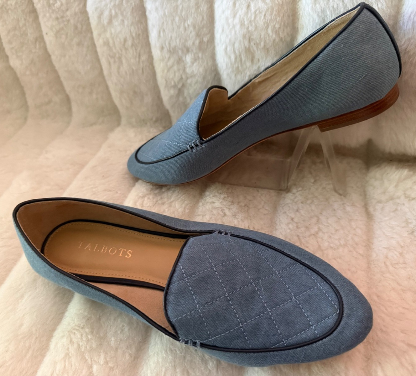 TALBOTS SIZE 9.5 Blue Denim Leather Lined Quilted Dark Trim Loafer Woman Sip On
