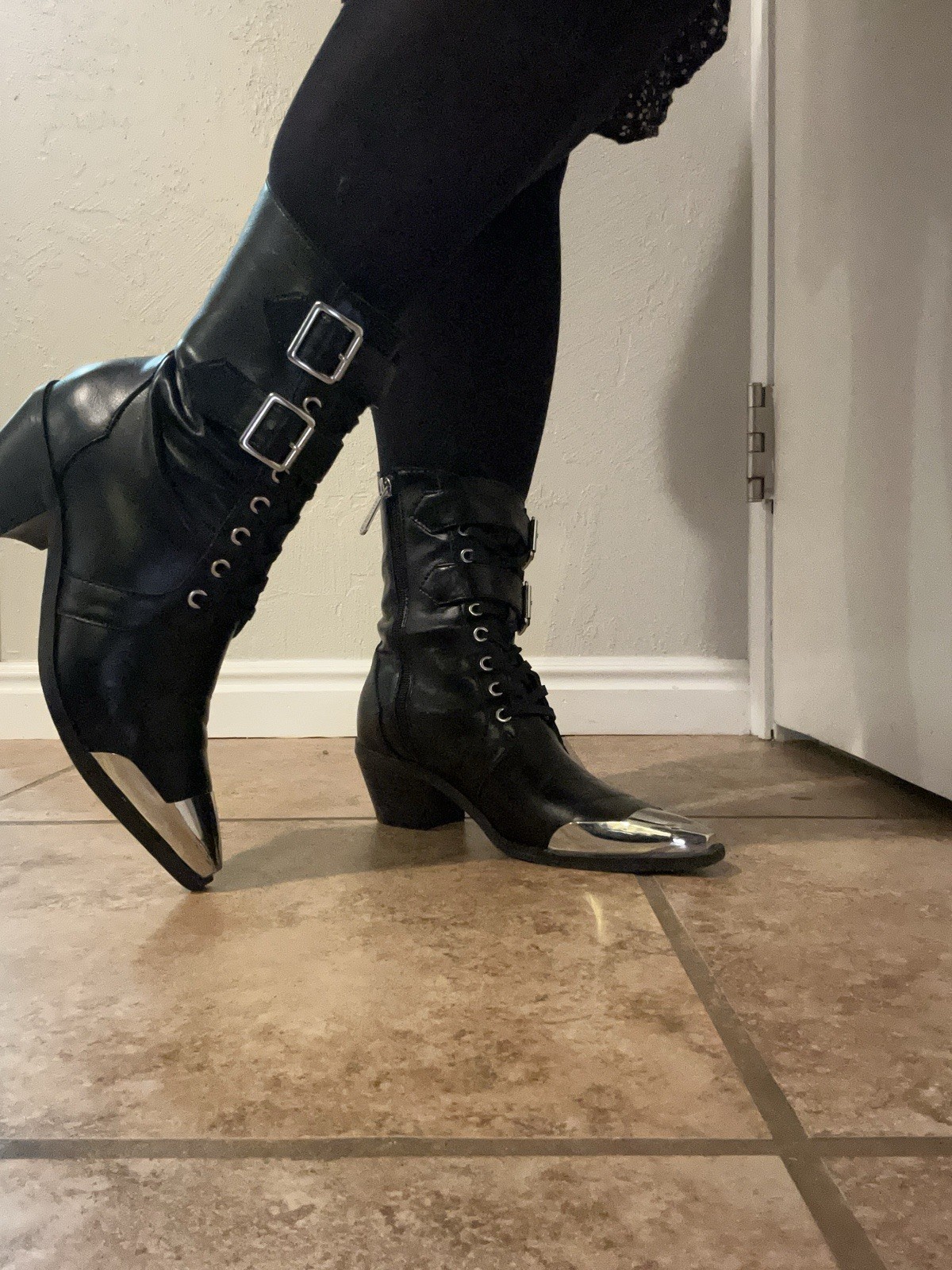 KILLSTAR Women’s US 8 Black Faux Leather Mid-Calf Combat Boots Buckle Cap Toe