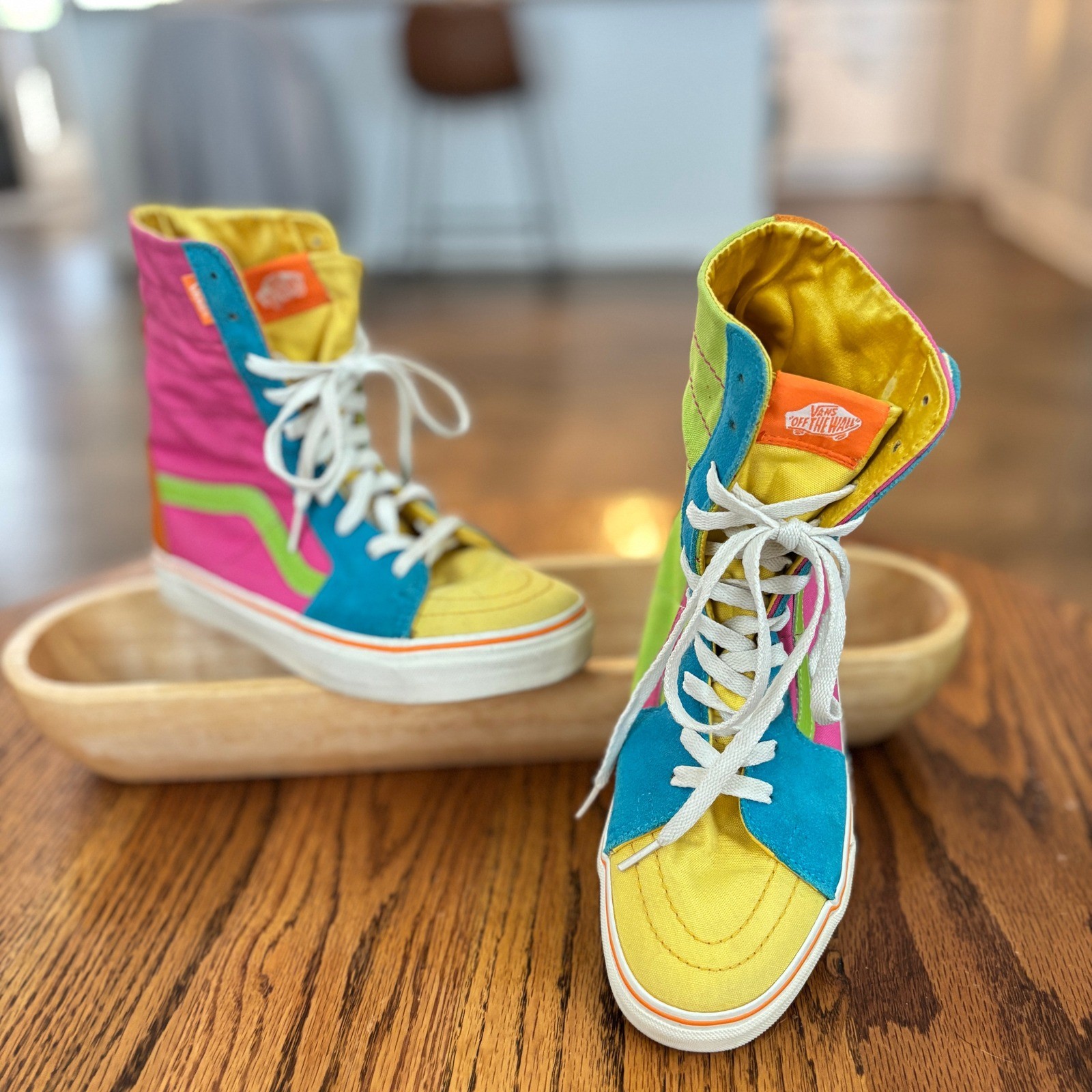 Vans Sk8-Hi Extra High Top Sneakers, Color Block Neon Pink Green Yellow Blue