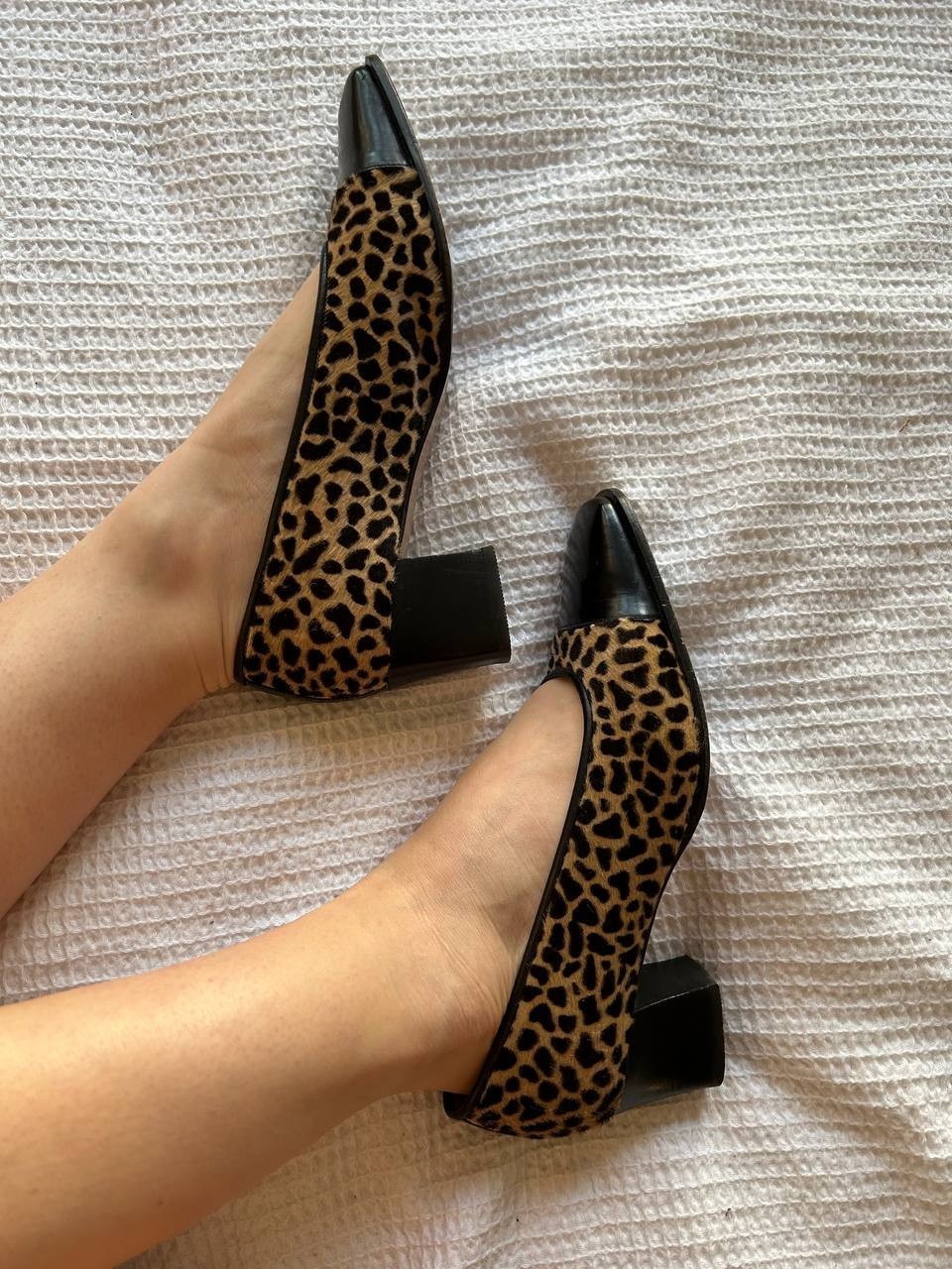 Vintage Valbrenta Leopard Pony Hair Pumps Made in Italy Block Heel EU36.5 US5.5